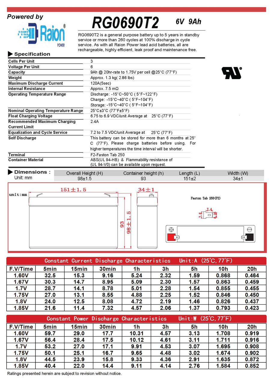 Raion Power RG0690T2 Battery Data Sheet for Avigo 6V Audi TT RS