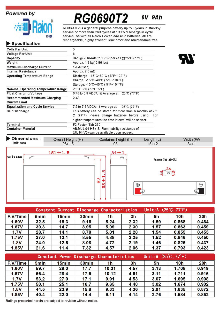 Raion Power RG0690T2 Battery Data Sheet for Kid Trax KT1509WM 6V Paw Patrol Chase Police Cruiser