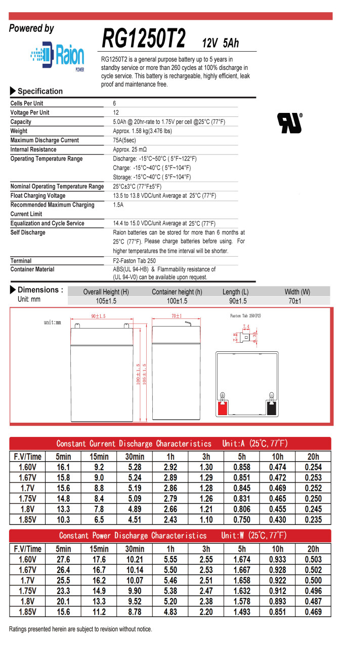 Raion Power RG1250T2 Battery Data Sheet for Qaba Adjustable Folding E-Scooter LED Light AA1-029BK