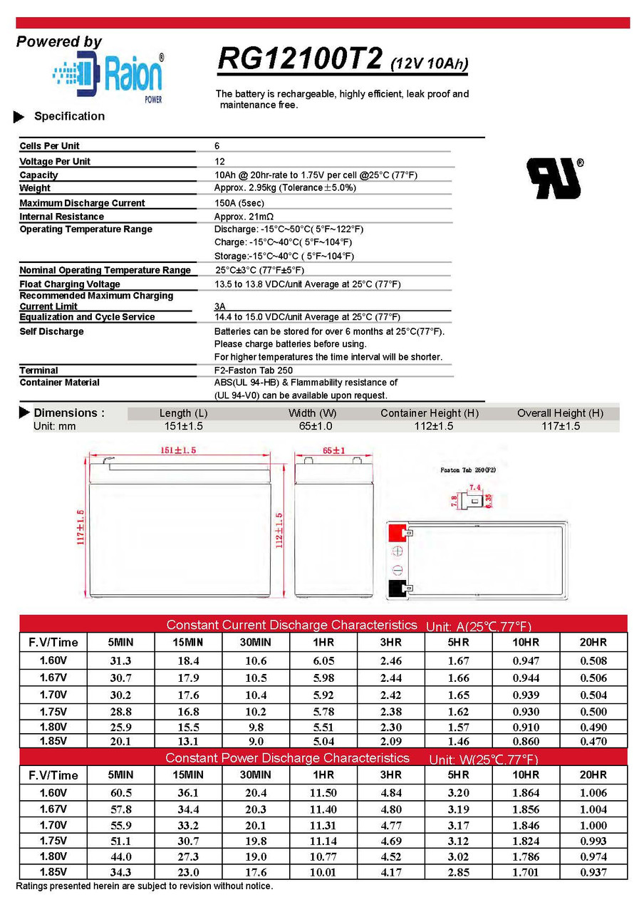 Raion Power RG12100T2 12V 10Ah Battery Data Sheet for HCF Pacelite 735