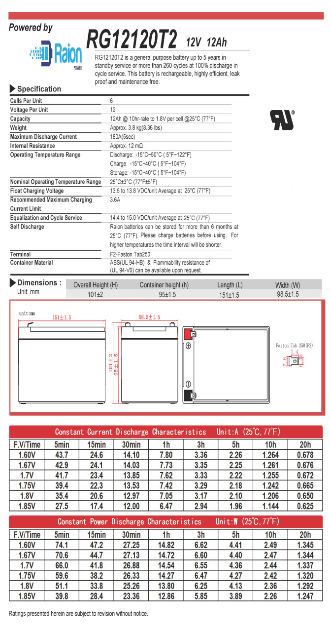 Raion Power 12V 12Ah AGM Battery Data Sheet for Yamaha RDS300 YZS05/5A/40 Rec Dive Series SeaScooter