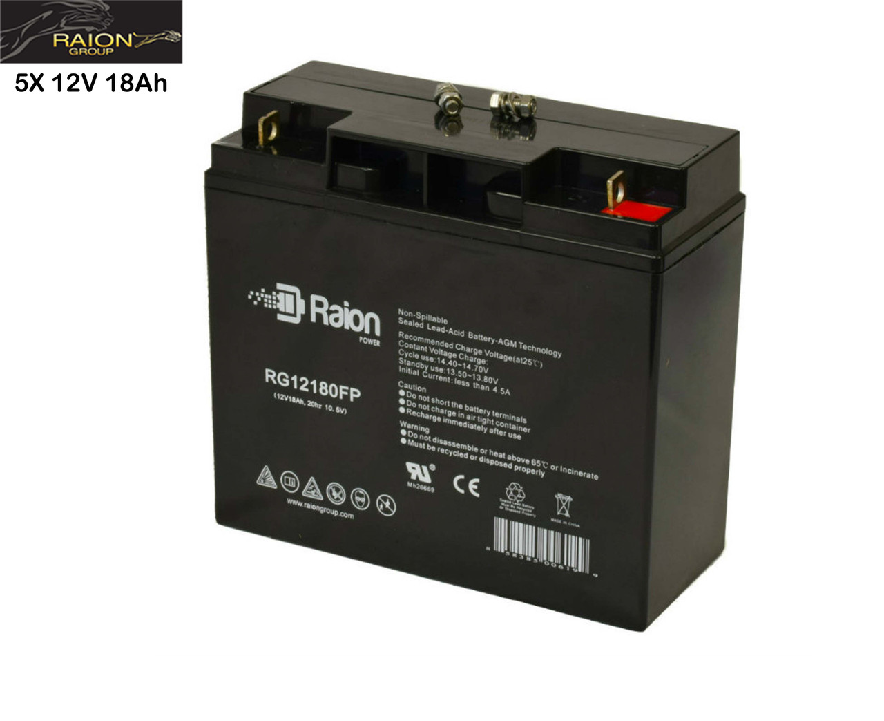 Raion Power Replacement 12V 18Ah Battery for Fun E-Cycle Mobility Scooter N4W - 5 Pack