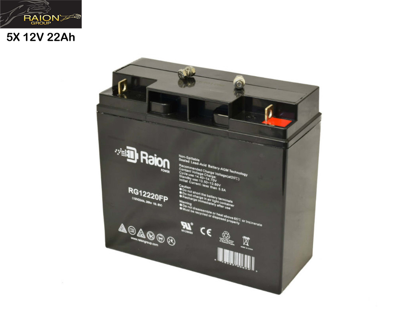 Raion Power Replacement 12V 22Ah Battery for Fun E-Cycle Three Wheeled E-Scooter NTR - 5 Pack