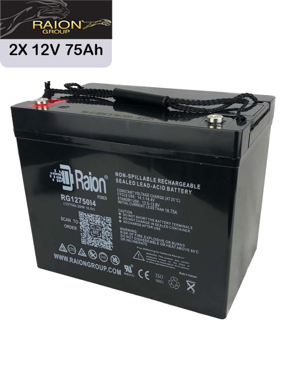 Raion Power Replacement 12V 75Ah Battery for Afikim Afiscooter S3 - 2 Pack