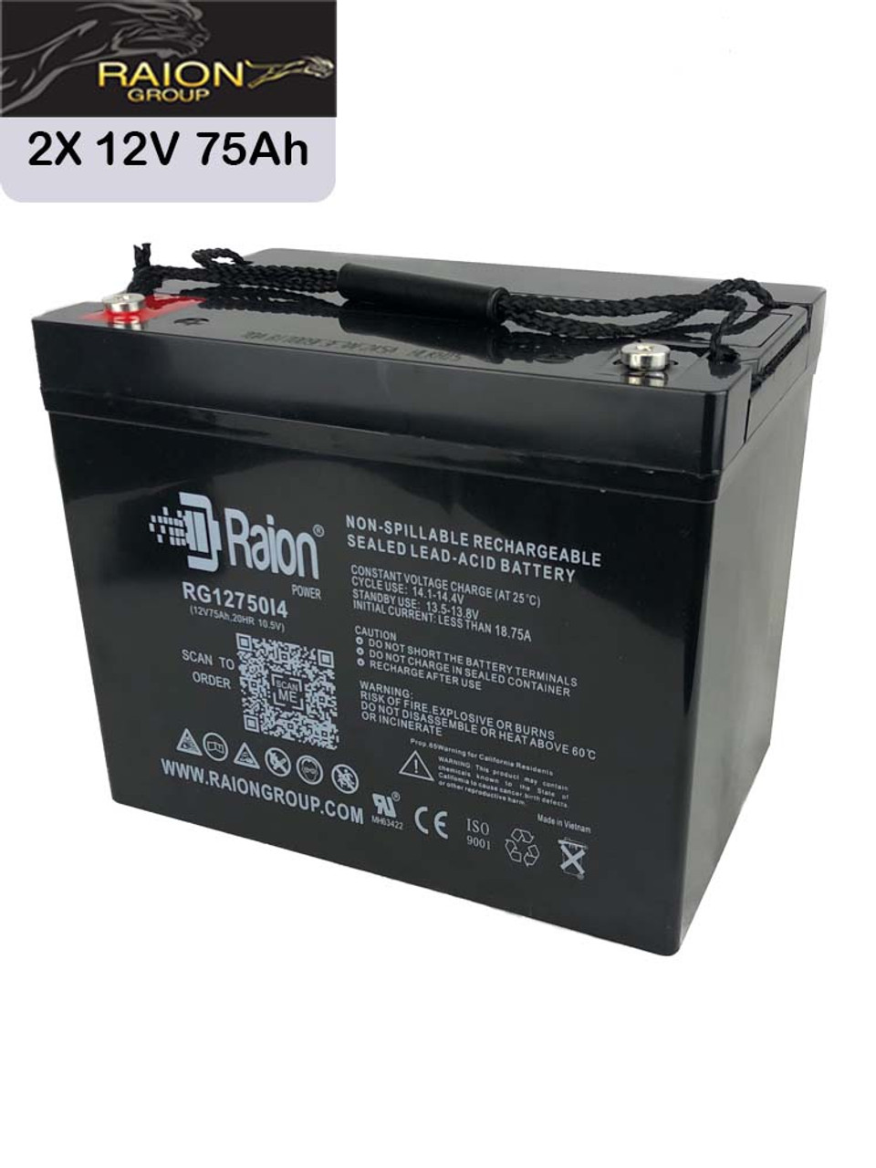 Raion Power Replacement 12V 75Ah Battery for Merits Health Silverado 4-Wheel Full Suspension S941A - 2 Pack