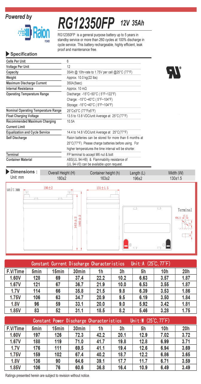 Raion Power 12V 35Ah Battery Data Sheet for Viking Access R-63