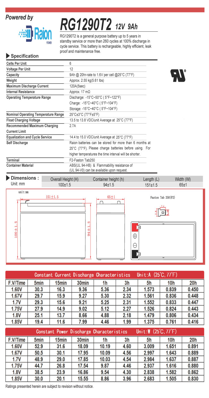 Raion Power 12V 9Ah Battery Data Sheet for Vexilar FLX-12 Pro Pack II w/ 12 Degree Ice-Ducer