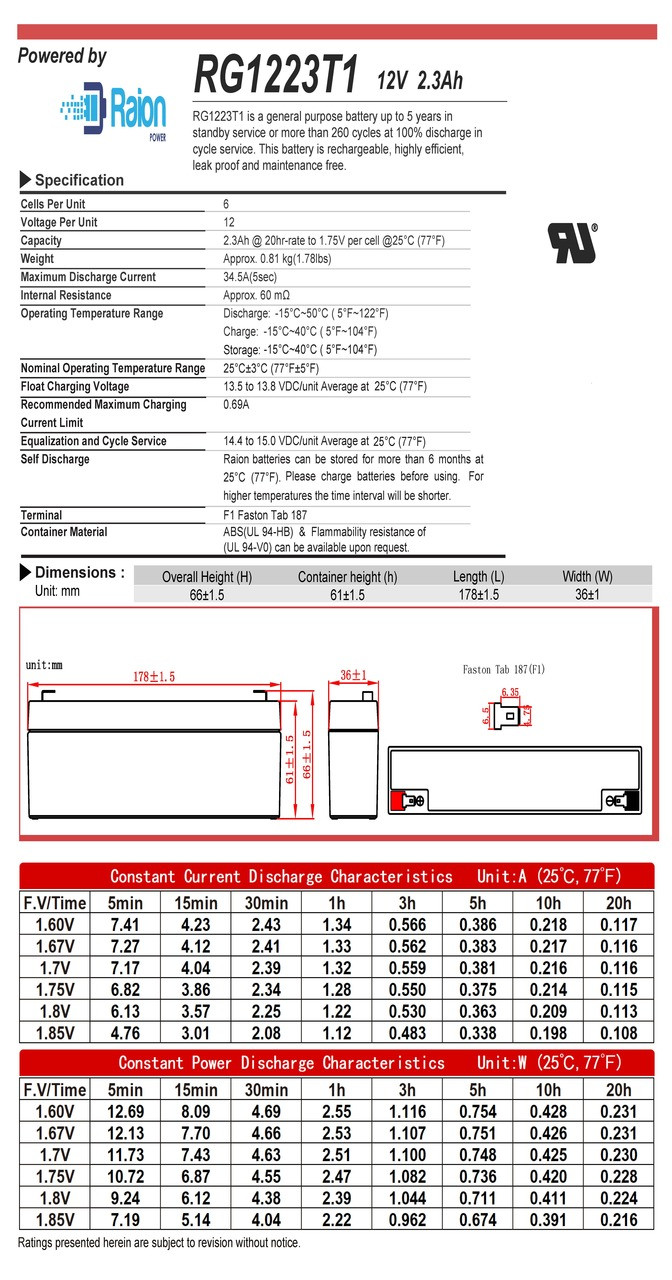 Raion Power 12V 2.3Ah Data Sheet For Hoyer RPA600 Patient Lift
