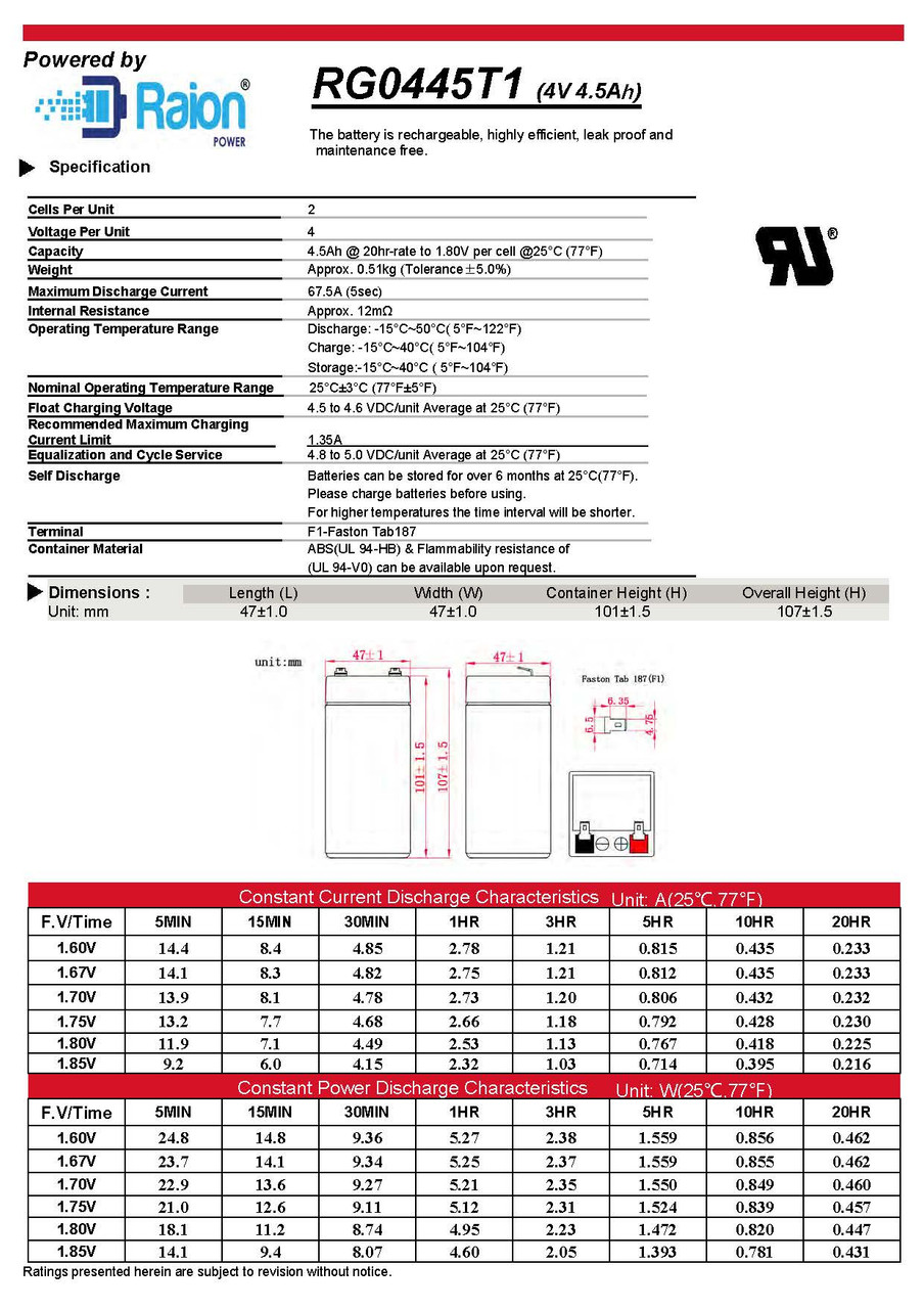 Raion Power RG0445T1 Battery Data Sheet for Power Patrol SLA0826