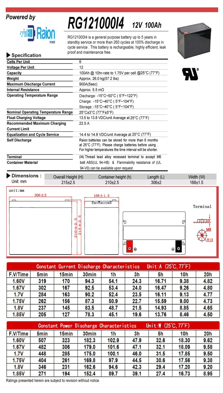 Raion Power 12 Volt 100 Amp Data Sheet