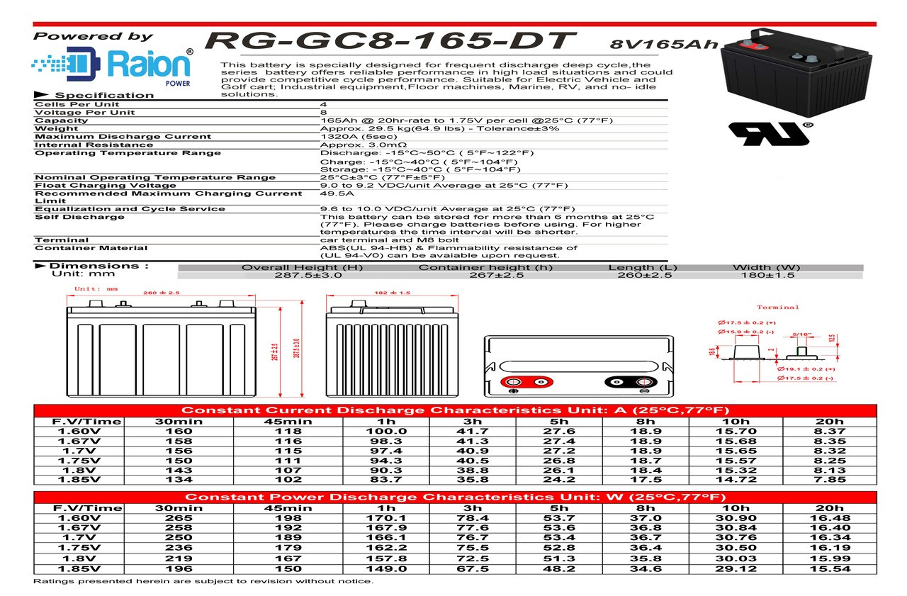 Raion Power 8V 165Ah AGM Battery Data Sheet for Cruise Car 2044 Transport