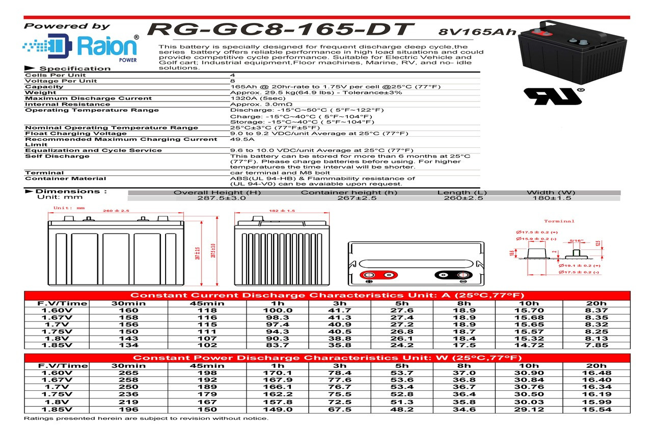 Raion Power 8V 165Ah AGM Battery Data Sheet for E-Z-GO Freedom TXT Golf Cart