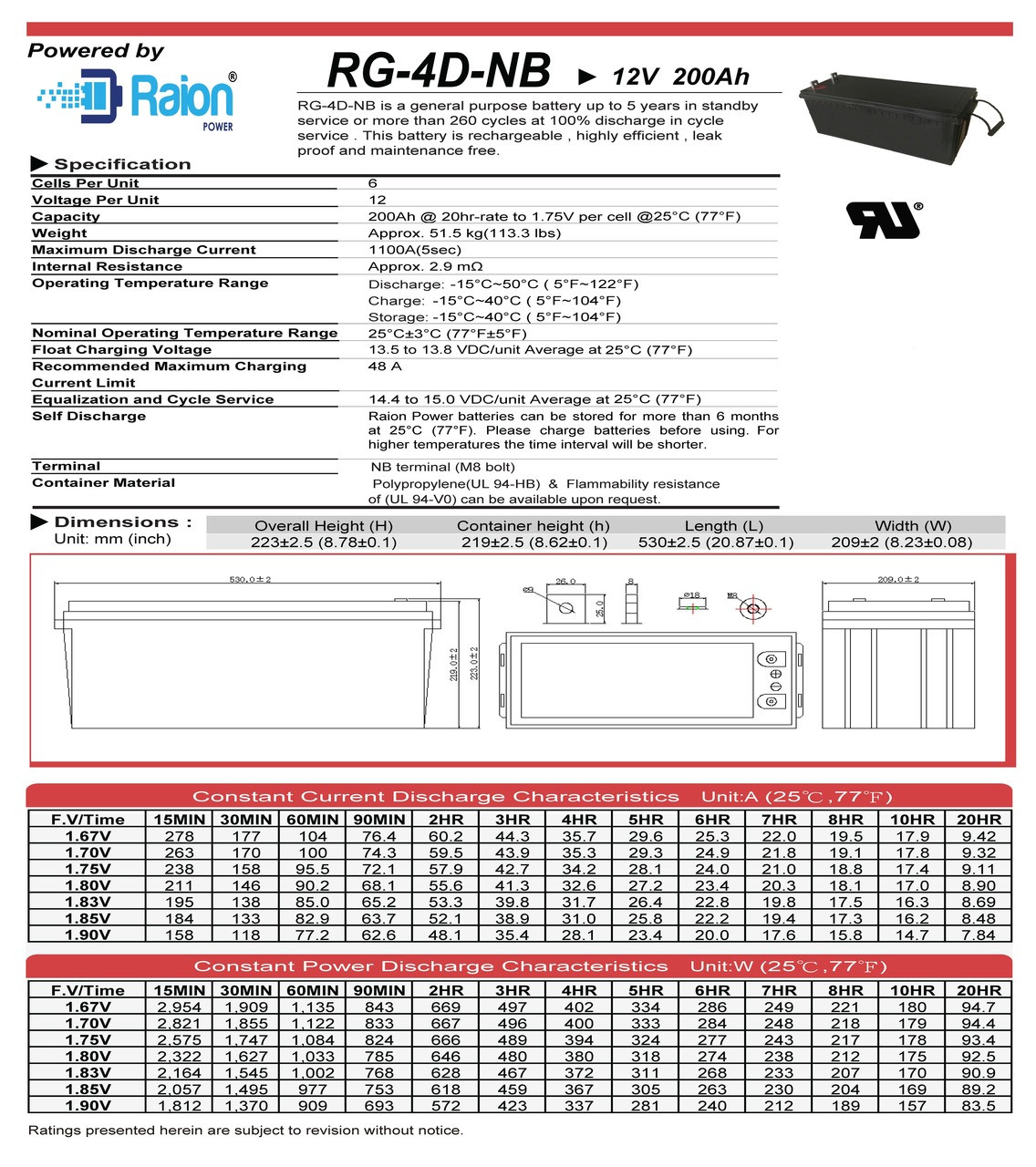Raion Power RG-4D-NB 12V 200Ah Wanco 205016 Battery Data Sheet