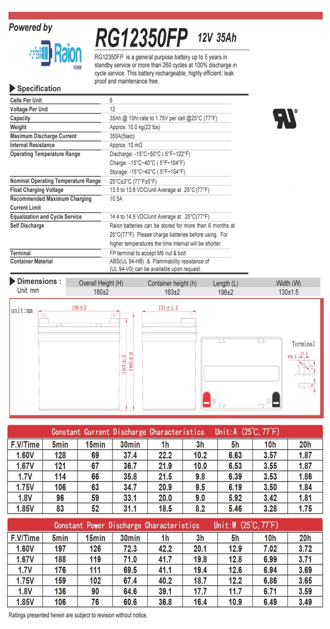 Raion Power 12V 35Ah Battery Data Sheet for Ver-Mac PCMS-1500LP (2015-2020) Message Sign