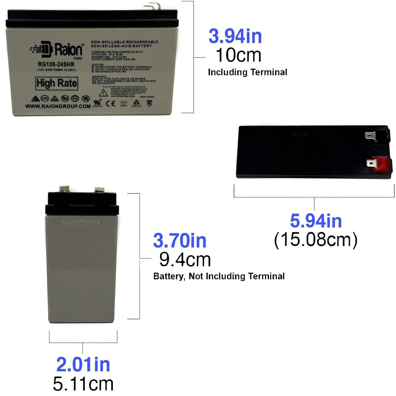 RG126-24SHR 12V 6Ah 24W High Rate Replacement Battery Dimensions for BB CPS5.5-12