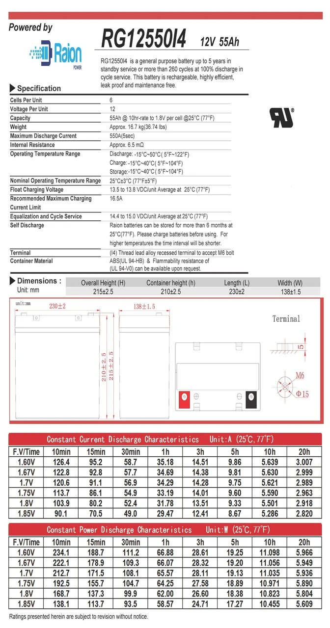 Raion Power 12V 55Ah Battery Data Sheet for RPS Solar Pumps RPS TPP HP-12+8B-24