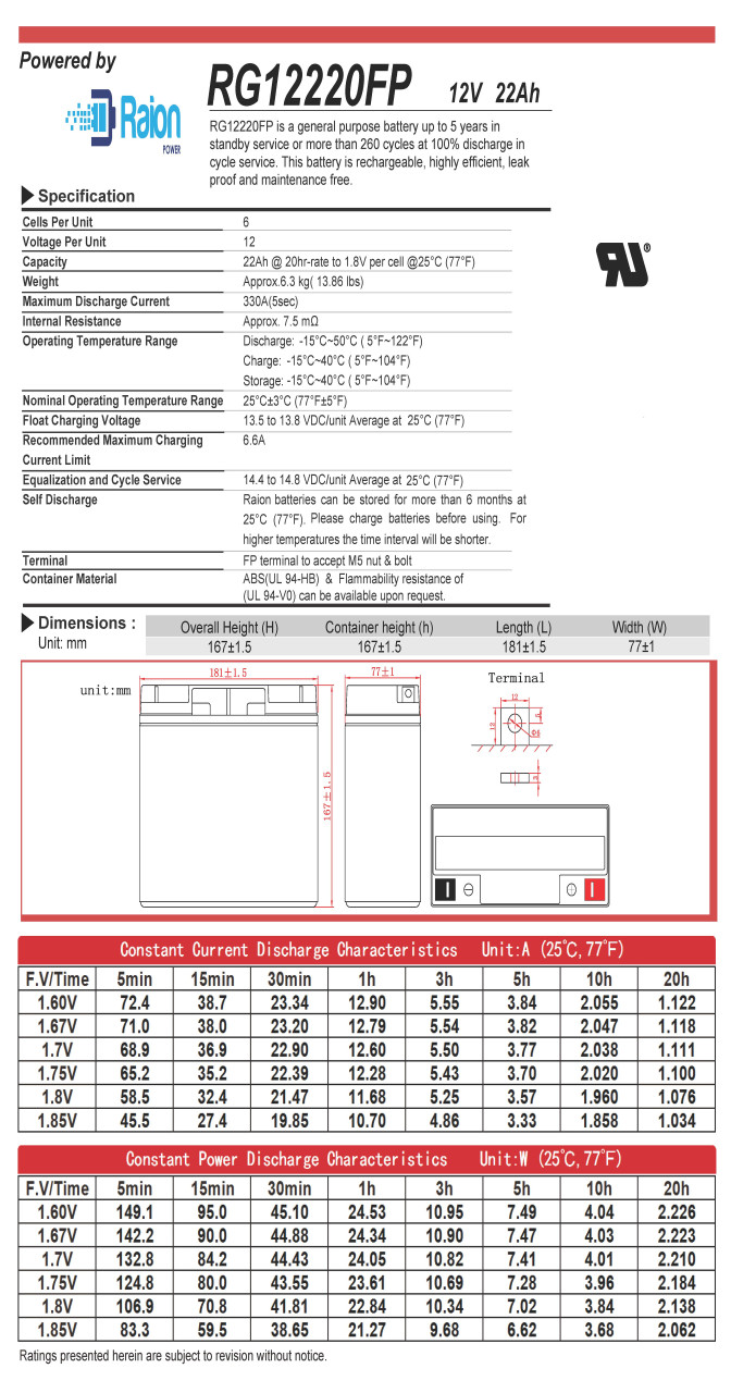 Raion Power 12V 22Ah Battery Data Sheet for Pride Go-Go SC53HD Elite Traveller Plus