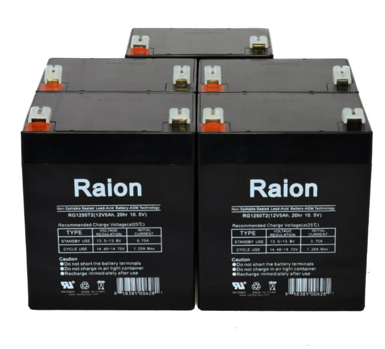Raion Power 12V 5Ah RG1250T2 Replacement Lead Acid Battery for B&B Battery HR5.8-12-F1 - 5 Pack
