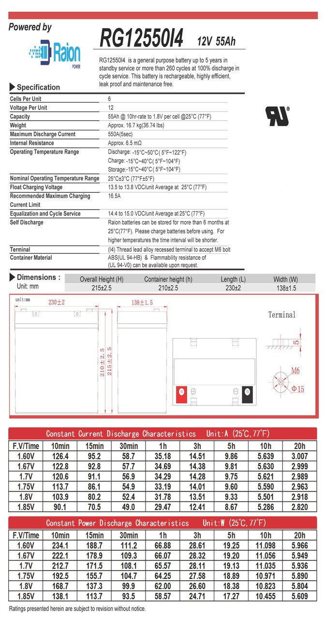 Raion Power 12V 55Ah Battery Data Sheet for Ritar RA12-55H