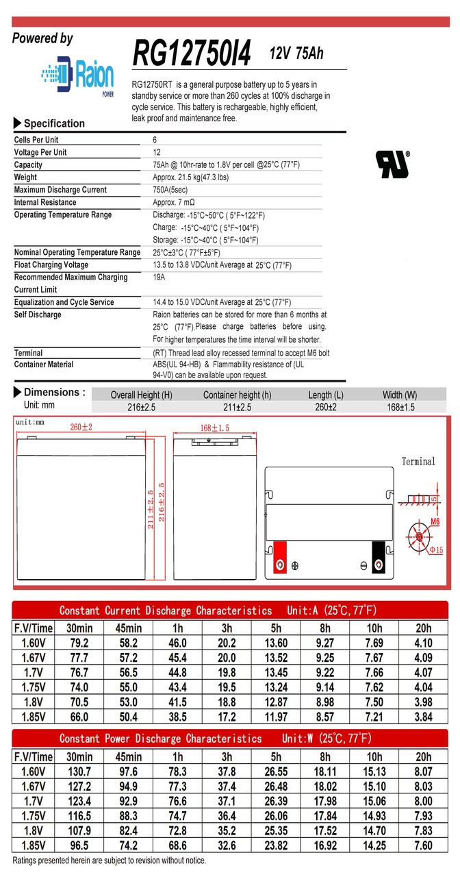 Raion Power 12V 75Ah Battery Data Sheet for SigmasTek SP12-75 IT
