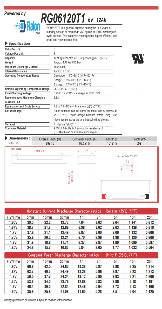 Raion Power 6V 12Ah UPS Battery Data Sheet for Upsonic PCM 80vr