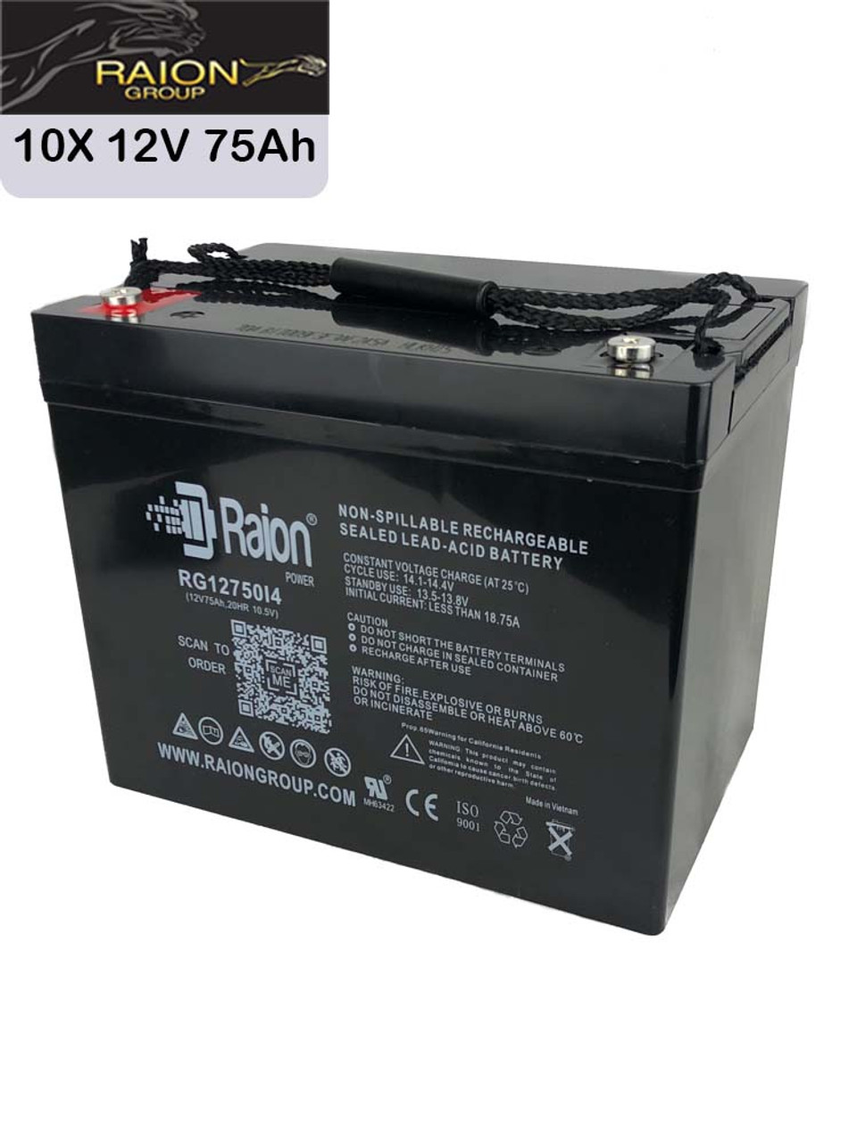 Raion Power 12V 75Ah Replacement UPS Backup Battery for Best Power FERRUPS FC 10KVA - 10 Pack