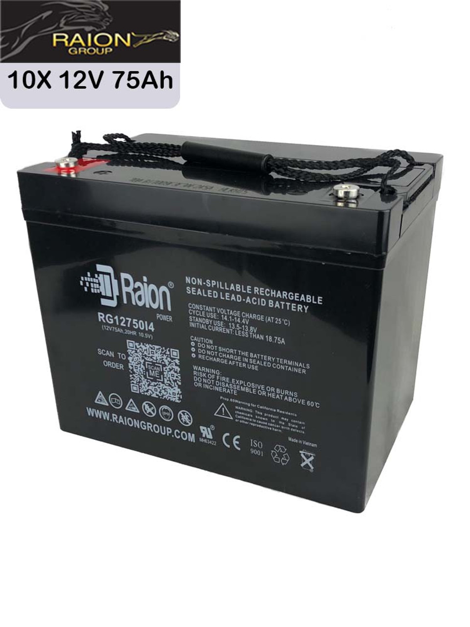 Raion Power 12V 75Ah Replacement UPS Backup Battery for Best Power FERRUPS FC 7.5KVA - 10 Pack