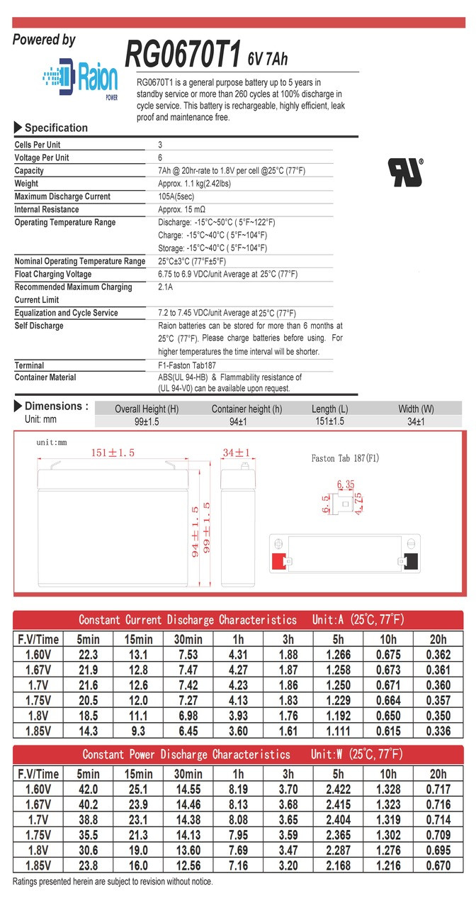 Raion Power 6V 7Ah AGM Replacement Battery Data Sheet for Ultracell UL7.2-6