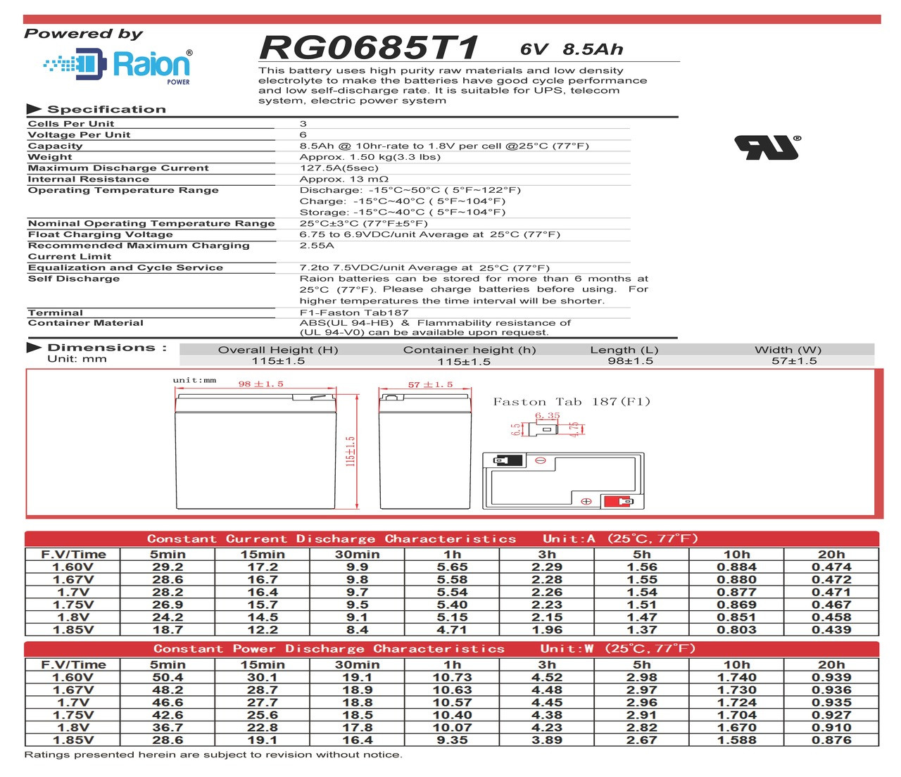 Raion Power RG0685T1 6V 8.5Ah Battery Data Sheet for SES BT9-6(I)