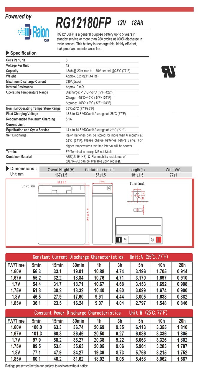 Raion Power 12V 18Ah Battery Data Sheet for Excel XL12180