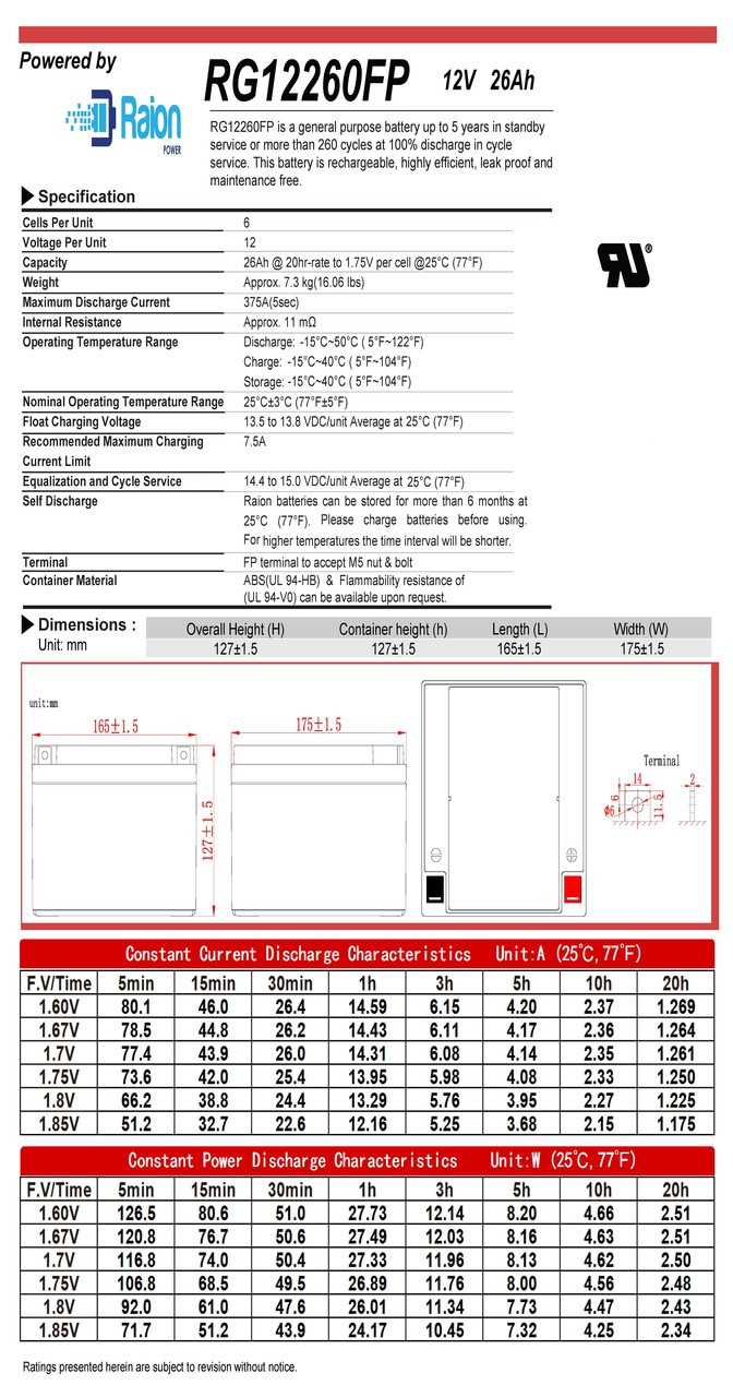Raion Power 12V 26Ah Battery Data Sheet for Douglas PS12260