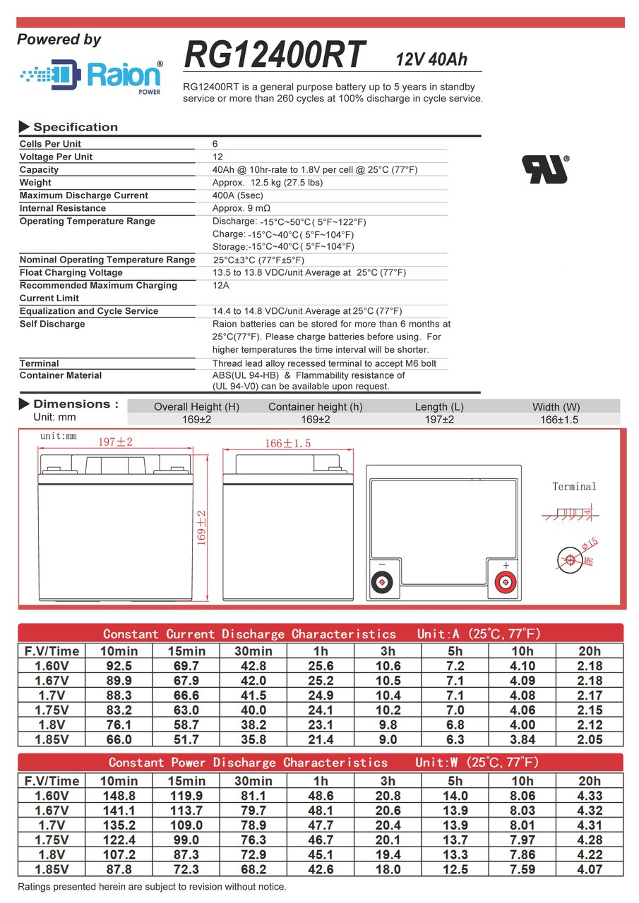 Raion Power 12V 40Ah Battery Data Sheet for BB BP40-12