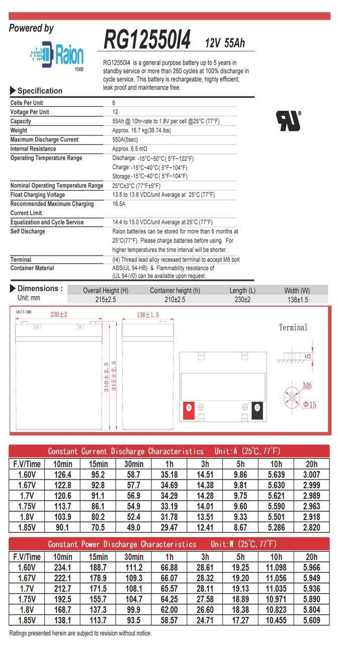 Raion Power 12V 55Ah Battery Data Sheet for TN Power TN12-55