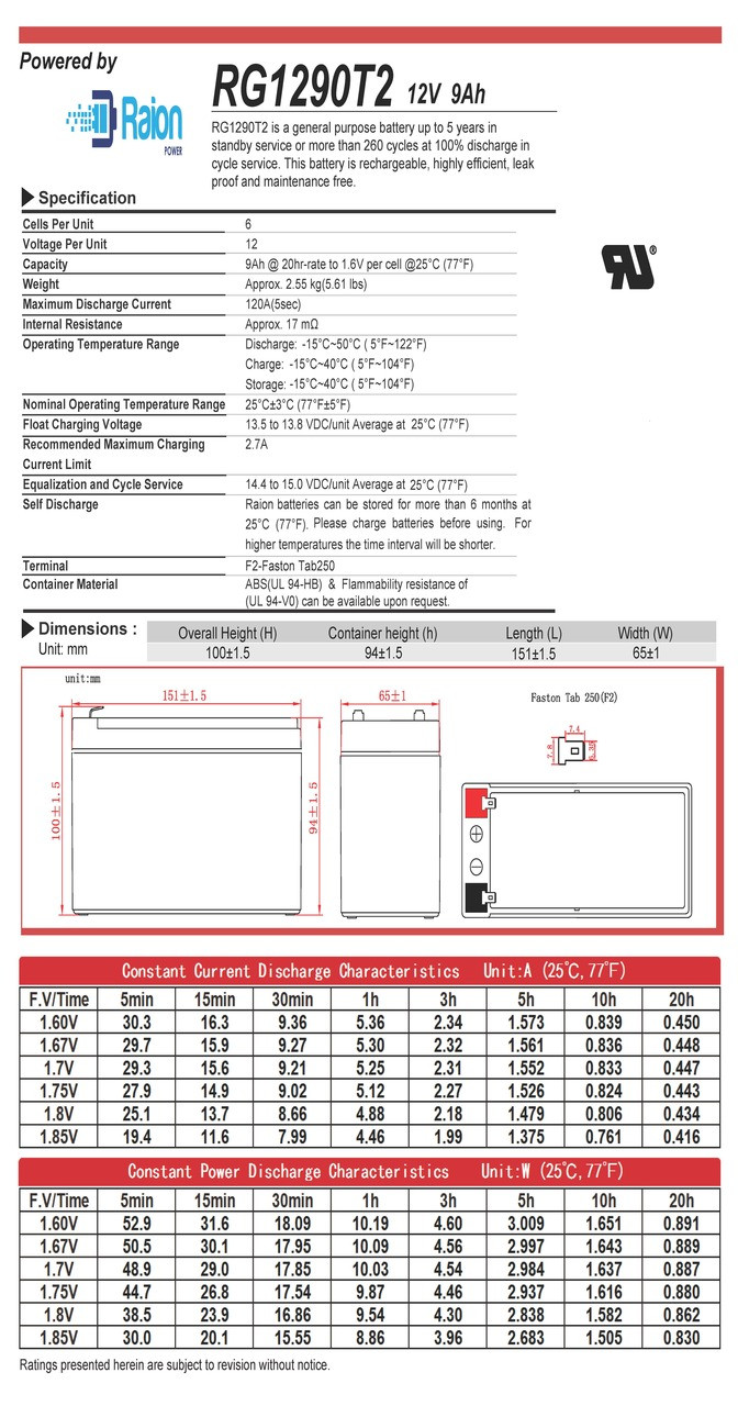 Raion Power 12V 9Ah Battery Data Sheet for Discover D1295