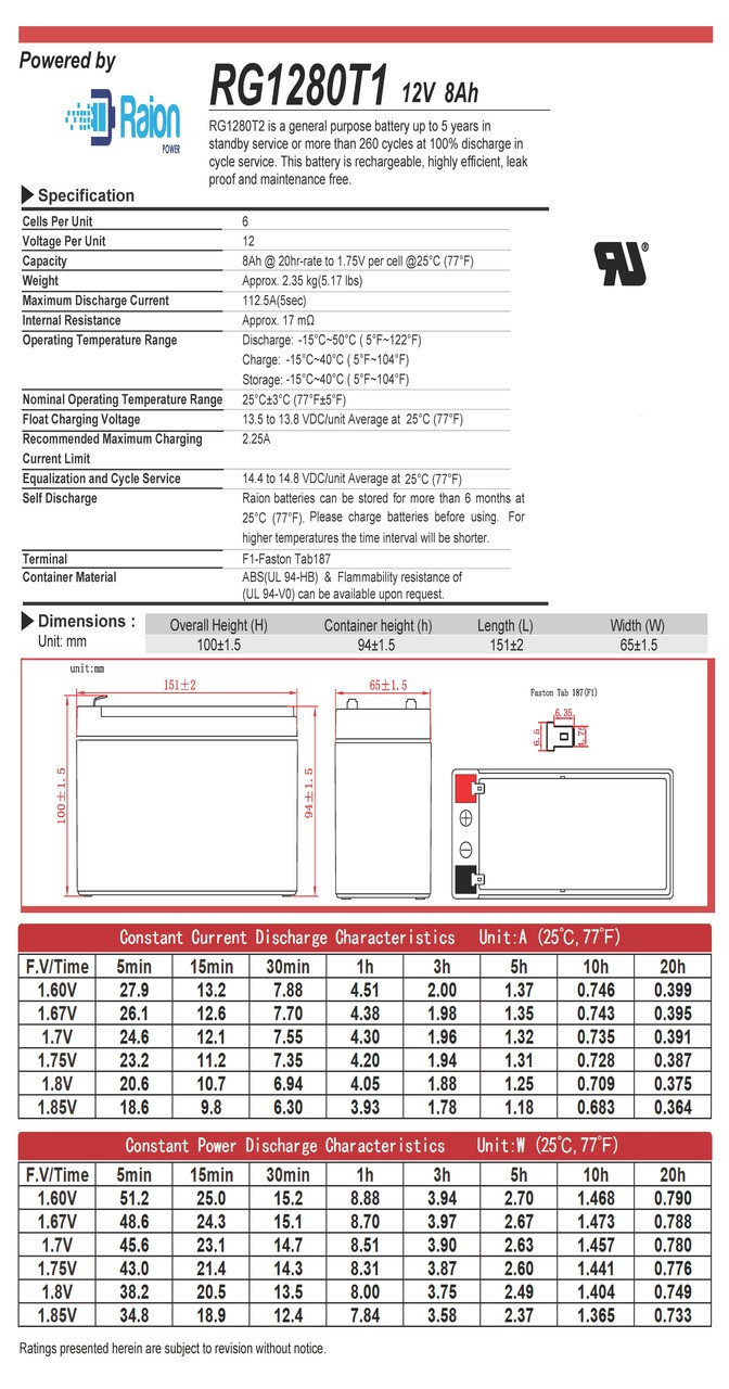 Raion Power 12V 8Ah Battery Data Sheet for Magnavolt SLA12-8