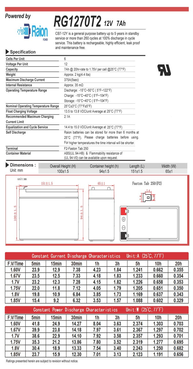 Raion Power 12V 7Ah Battery Data Sheet for Ya Heng 6FM7S