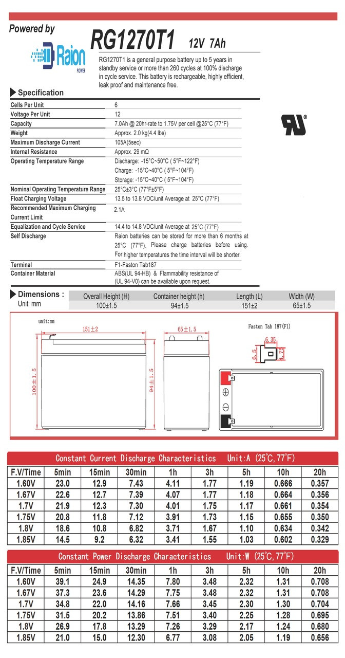 Raion Power 12V 7Ah Battery Data Sheet for Dongjin DJ12-7.0 F1