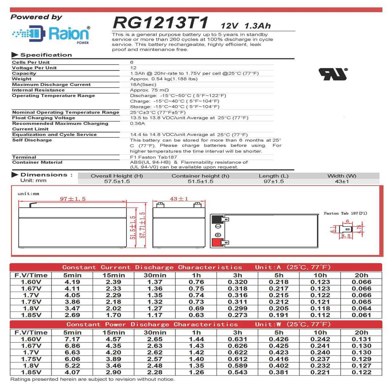 Raion Power RG1213T1 12V 1.3Ah Battery Data Sheet for Werker WKA12-1.3F