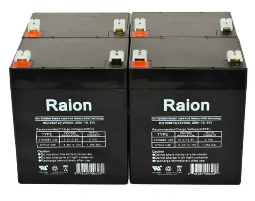 Raion Power RG1250T1 12V 5Ah Medical Battery for Arjo-Century Maxi Sky 2 Ceiling Lift - 4 Pack