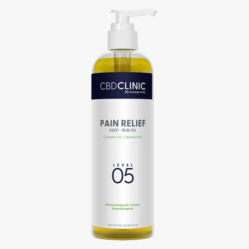 12oz bottle of CBD Clinic Level 5 Pain Relief Deep-Rub Oil