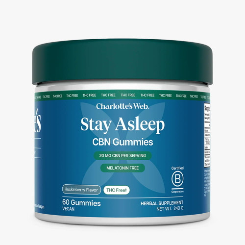60 count container of Charlotte's Web Stay Asleep CBN Sleep Gummies