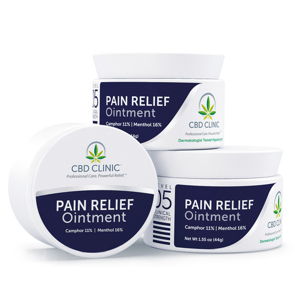 Three 44 gram jars of CBD Clinic Level 5 Pain Relief Ointment Three 44 gram jars of CBD Clinic Level 5 Pain Relief Ointment