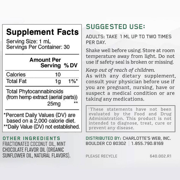 Charlotte's Web THC-Free Oil 30mL bottle - label Charlotte's Web THC-Free Oil 30mL bottle - label