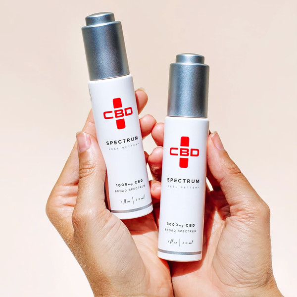 Person's outstretched hands holding two bottles of Spectrum CBD Oil Person's outstretched hands holding two bottles of Spectrum CBD Oil