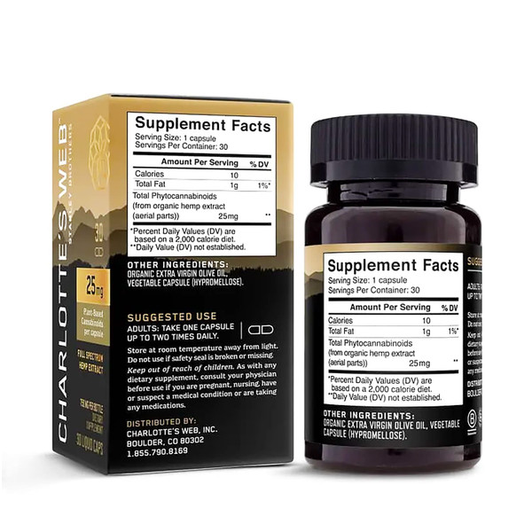 30 count bottle of Charlotte's Web CBD Capsules - 25mg 30 count bottle of Charlotte's Web CBD Capsules - 25mg
