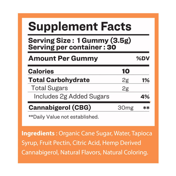 Supplement facts label for Slumber Extra Strength CBG Gummies