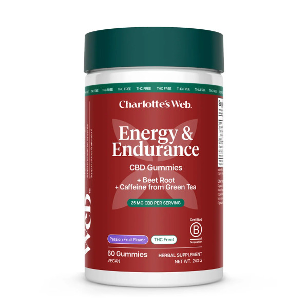 60 count container of Charlotte's Web Energy & Endurance CBD Gummies on a white background