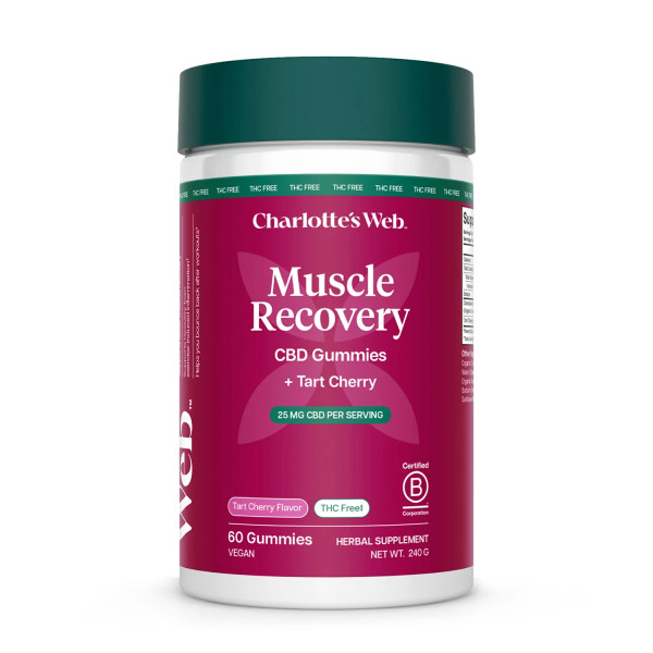 60 count container of Charlotte's Web Muscle Recovery CBD Gummies on a white background