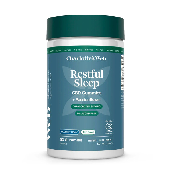60 count container of Charlotte's Web Restful Sleep CBD Gummies on a white background