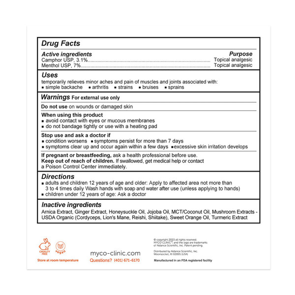 Drug facts label for MYCO Clinic Extra Strength Massage Oil